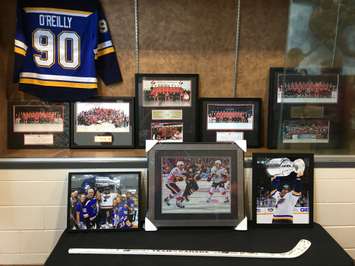 A display of Ryan O'Reilly jerseys and photos at the entrance to Goderich's Maitland Rec Centre. (Photo by Ryan Drury)
