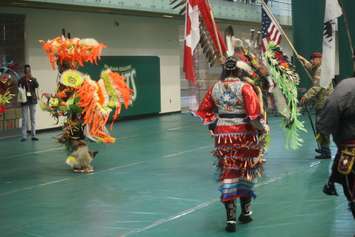 Dancers participate in an opening dance circle at the 4th annual PowWow, St. Clair College SportsPlex, Windsor, June 6, 2019. Photo by Mark Brown/Blackburn News.