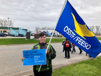 Laid off secondary school teacher Alisha Walters during a rally against provincial cuts to education in Chatham on Tuesday, April 30, 2019 (Photo by Allanah Wills) 