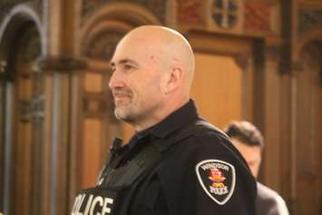 Windsor Police constable Dale Harvie is introduced at the launch of the Celebrity Mens Fashion Event at Waters Edge Event Centre, March 20, 2019. Photo by Mark Brown/Blackburn News.