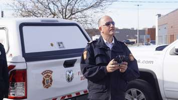 Chief Fire Prevention Officer Roel Bus using Sarnia Fire's new drone.  12 November 2021.  (SarniaNewsToday.ca photo)