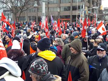 Part of the large crowd at Dieppe Gardens for the Unifor rally in support of GM Oshawa workers, January 11, 2019. Photo by Mark Brown/Blackburn News.