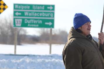 Walpole Island residents join the nationwide #ShutDownCanada movement at the intersection of Hwy. 40 and Dufferin Ave. on February 13, 2015. (Photo by Jason Viau)