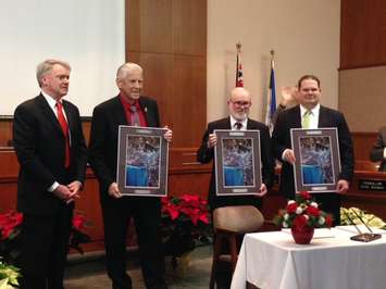 Outgoing Councillors are recognized for their service during the Inaugural meeting of the 2014-2018 Sarnia City Council December 1, 2014 (BlackburnNews.com photo by Melanie Irwin)