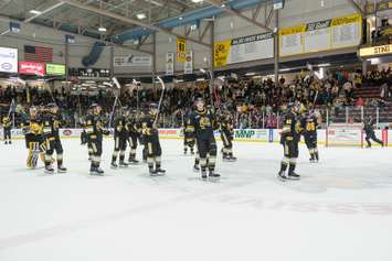 The Sarnia Sting celebrate a win over the Flint Firebirds. 20 February 2023. (Metcalfe Photography)