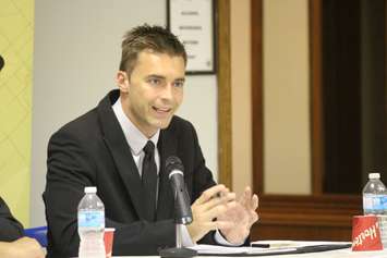 The NDP candidate for Chatham-Kent-Leamington, Tony Walsh, attends an all-candidates debate in Tilbury on September 24, 2015. (Photo by Ricardo Veneza)