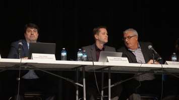 LKDSB Superintendent of Education Gary Girardi, Superintendent of Business Brian McKay, and Director of Education Jim Costello at the ARC public meeting held at SCITS. March 8, 2016 (BlackburnNews.com Photo by Briana Carnegie)