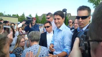 Prime Minister Trudeau shaking hands as he arrives at the Salvation Army in Goderich. August 25th, 2017 (Photo by Bob Montgomery)