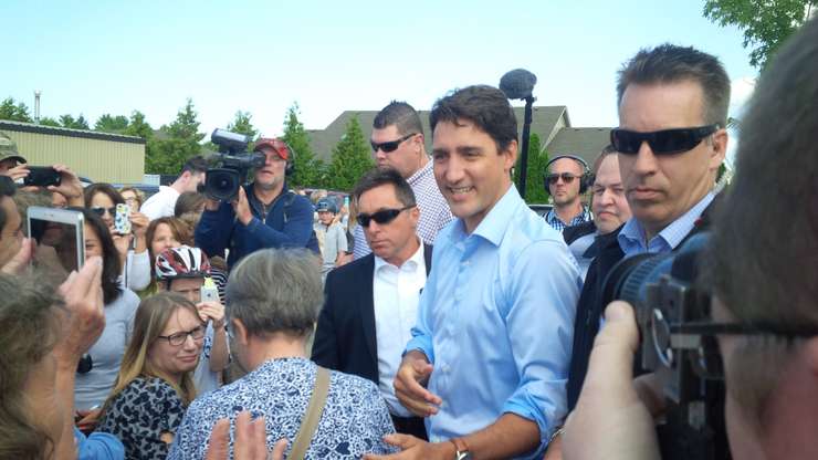 Prime Minister Trudeau shaking hands as he arrives at the Salvation Army in Goderich. August 25th, 2017 (Photo by Bob Montgomery)