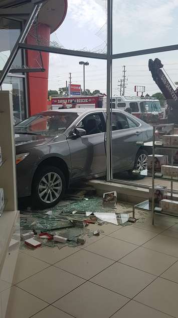 A car smashed through the front of the Shoppers Drug Mart on Exmouth St. in Sarnia Aug. 6, 2018 BlackburnNews.com photo by Hilary Ryan)