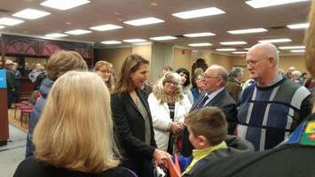Caroline Mulroney shakes the hand of a young Sarnia-Lambton resident during her campaign trail in the PC Party Leadership race. March 3, 2018. (Photo by Colin Gowdy)