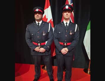 Sarnia Police Detective Constables Brown (L) and Ostenfeldt (R) at their Ontario Medal for Police Bravery ceremony (Photo courtesy of Sarnia Police Service)