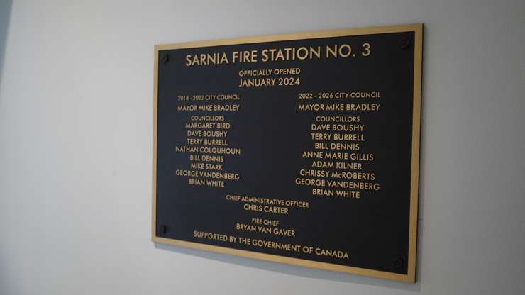 Official plaque inside the new fire hall. January 30, 2024. (Photo by Natalia Vega) 