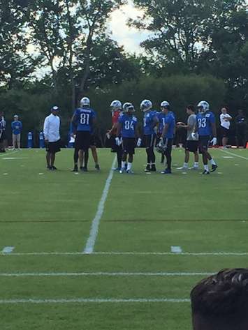 Lions receivers Calvin Johnson (81) and Ryan Broyles (84) among a group of players on the field during Training Camp practice. (Photo by Scott Despins)