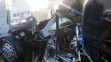 Crumpled cab in  402 multi truck crash Sept. 10, 2015 (BlackbUrnNews.com photo by Dave Dentinger)