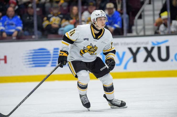 Sarnia Sting's Beckham Edwards during annual Teddy Bear Toss game Sunday, Dec 1, 2024. Photo by Metcalfe Photography. 