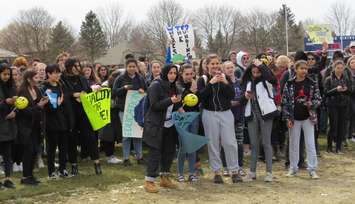 A. B. Lucas secondary school students hold protest signs during student walk outs, April 4, 2019. (Photo by Miranda Chant, Blackburn News)