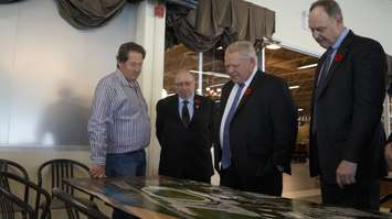 Premier Doug Ford, Sarnia-Lambton MPP Bob Bailey, and Hiawatha Horse Park owner Jim Henderson. November 2, 2018. (Photo by Colin Gowdy, BlackburnNews)