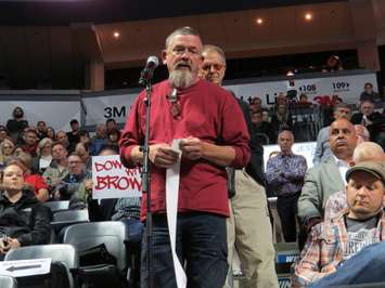 Wayne Loucks expressing concerns over BRT at a public participation meeting at Budweiser Gardens, May 3, 2017. (Photo by Miranda Chant, Blackburn News) 
