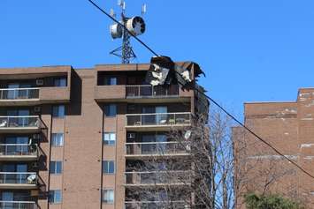 Wind damage at an apartment building on Wyandotte St. E near George Ave. March 8, 2017. (Photo by Maureen Revait)