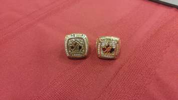 Tyler McGregor's World Championship rings on display at a ceremony at North Lambton Secondary School. April 3, 2018. (Photo by Colin Gowdy, Blackburn News)