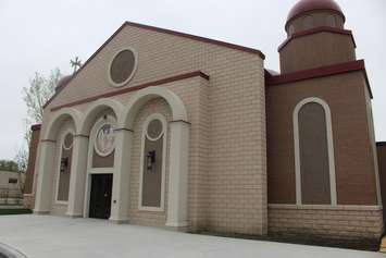 The main entrance of Holy Cross Greek Orthodox Church in Windsor, May 11, 2018. Photo by Mark Brown/Blackburn News.