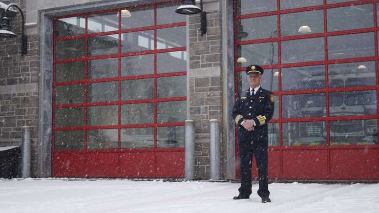 Sarnia Fire Chief Bryan Van Gaver in front of the new Colborne Road fire hall. January 30, 2024. (Photo by Natalia Vega) 