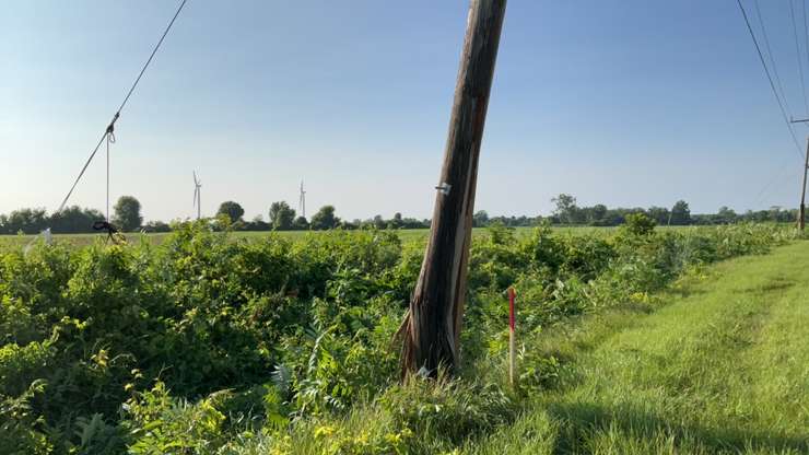 A snapped power pole southwest of Harrow. One of several broken hydro poles reported in the area. July 26, 2023. Photo by Northern Tornadoes Project. Photo by Northern Tornadoes Project.