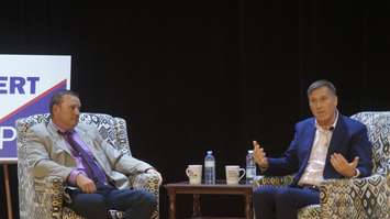 Maxime Bernier (right) and Brian Everaert (left) at Sarnia Library Theatre. October 1, 2019. (BlackburnNews.com photo by Colin Gowdy)