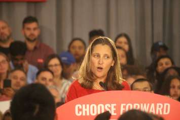 Foreign Affairs Minister Chrystia Freeland warms up the crowd at the St. Clair Centre for the Arts, September 16, 2019. Photo by Mark Brown/Blackburn News.