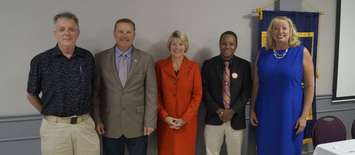 2019 Sarnia-Lambton federal election candidates. (L to R) Peter Smith of the Green Party, Brian Everaert of the People's Party,  Liberal candidate Carmen Lemieux, New Democratic Party candidate Adam Kilner and Incumbent Conservative candidate Marilyn Gladu. September 24, 2019 Photo by Melanie Irwin. 