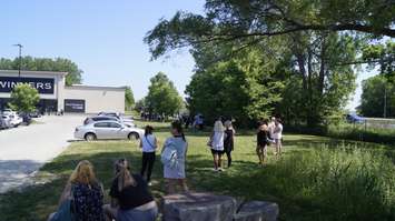 A line of shoppers outside the Winners in Sarnia on day one of Ontario’s three-phase reopening plan.  11 June 2021.  (BlackburnNews.com photo by Colin Gowdy)