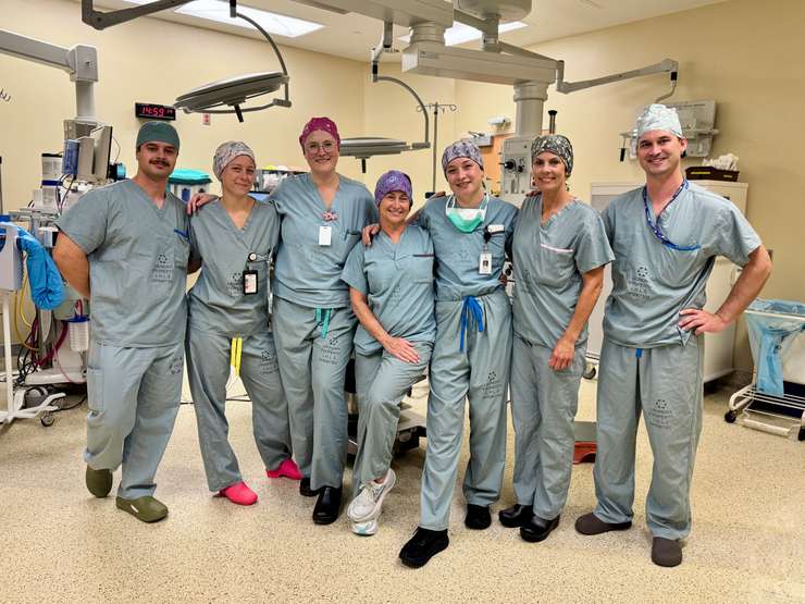 (From left) Phil Skorzewski, third year medical student, Dr. Brittany Hoover, OBGYN, Dr. Stephanie Lammers, OBGYN, Simone Beaulieu, GYN & General Surgery Charge RN, Kate Greenwood, Scrub Nurse/RPN, Lynda Ikert, Circulating Nurse/RN, Dr. Derek Nap, Anesthesiologist. Submitted image courtesy of Bluewater Health.