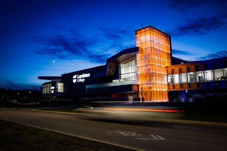 The tower at Lambton College is orange for September to honour the National Day of Truth and Reconciliation. Image courtesy of Lambton College via Facebook.