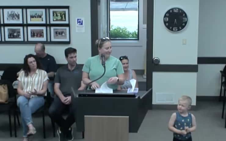 Misty Dale, a parent council representative at Errol Village Public School raises safety concerns to Plympton-Wyoming council. Image captured from YouTube broadcast. May, 26, 2026. 