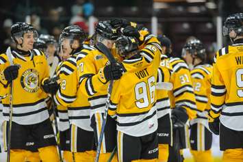 The Sarnia Sting celebrate a win versus the visiting Kitchener Rangers. 21 January 2023. (Metcalfe Photography)