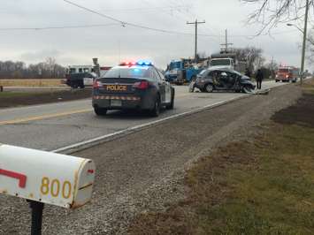 Three vehicles involved in a fatal crash on County Rd. 46 at County Rd. 23 in Lakeshore on December 18, 2014. (Photo by Ricardo Veneza)