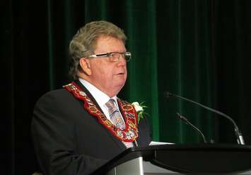 Mayor Ed Holder wearing the Chain of Office while delivering his inaugural address at the London Convention Centre after being sworn in as London's 64th mayor, December 3, 2018. (Photo by Miranda Chant, Blackburn Media) 