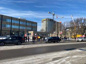 Protesters outside Sarnia City Hall, Feb 6, 2022. Blackburn Media photo by Melanie Irwin. 