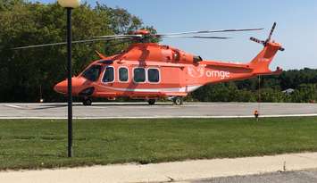 An ORNGE Air Ambulance on the heli-pad at Louise Marshall Hospital in Mount Forest. (Photo by Ryan Drury)