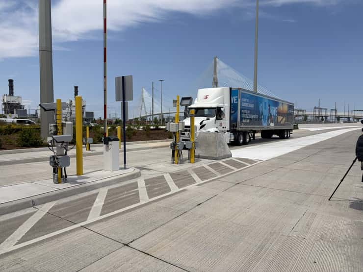 The "ceremonial first truck" approaches the Windsor port of entry at the Gordie Howe International Bridge, July 24, 2026. Photo by Maureen Revait.