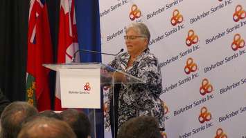 MP Pat Davidson speaking at opening of BioAmber Sarnia plant August 6, 2015 (BlackburnNews.com Photo by Briana Carnegie)