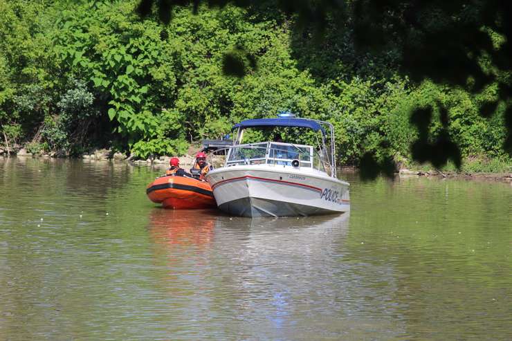 Chatham-Kent police and other first responders on the Thames River just west of the Fifth Street Bridge in Chatham. June 23, 2025. (Photo by Matt Weverink)