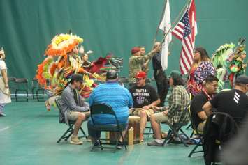 Drummers chant during an opening dance circle at the 4th annual PowWow, St. Clair College SportsPlex, Windsor, June 6, 2019. Photo by Mark Brown/Blackburn News.