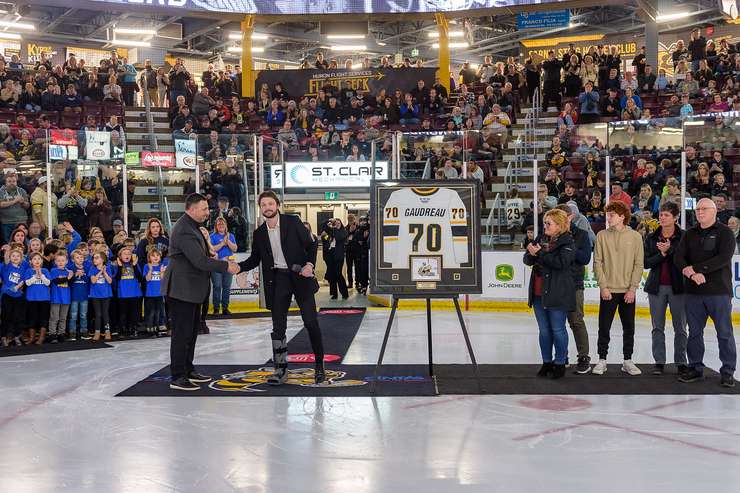 Ben Gaudreau being honoured at Sarnia Sting home game against Erie Otters February 9, 2024 (supplied by: Metcalfe Photography). 