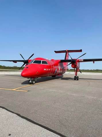 Transport Canada's Dash 8 surveillance aircraft lands in Sarnia. May 17, 2023. Image courtesy of Mike Roberts.