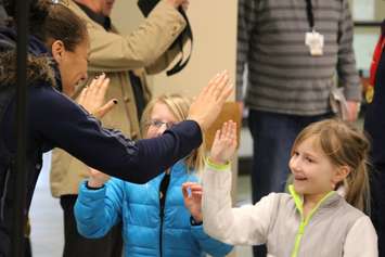 Windsor Lancers women's basketball team arrives at Windsor airport after winning their fifth-straight national championship. (Photo by Jason Viau)