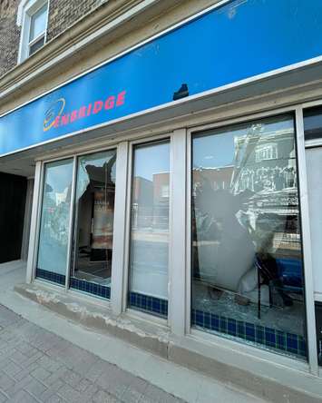 Enbridge's office in Kincardine had three broken windows and a shattered glass door when police arrived (Photo provided by Lakeside Downtown Kincardine)
