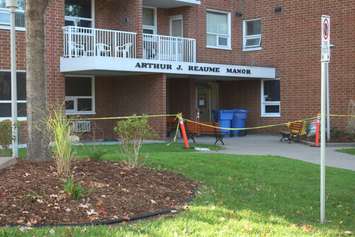 The Arthur J. Reaume apartment building on Mill St. in Windsor after a stabbing incident, October 19, 2016. (Photo by Mike Vlasveld)