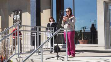 Brooke Metcalfe shares her story at Sarnia's anti-poverty rally at city hall. October 14, 2016 BlackburnNews.com photo by Leeya Morrow